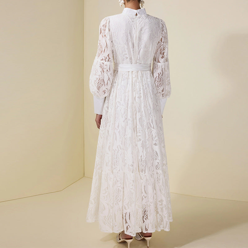 Lantern-sleeve Lace White Elegant Fashion Dress
