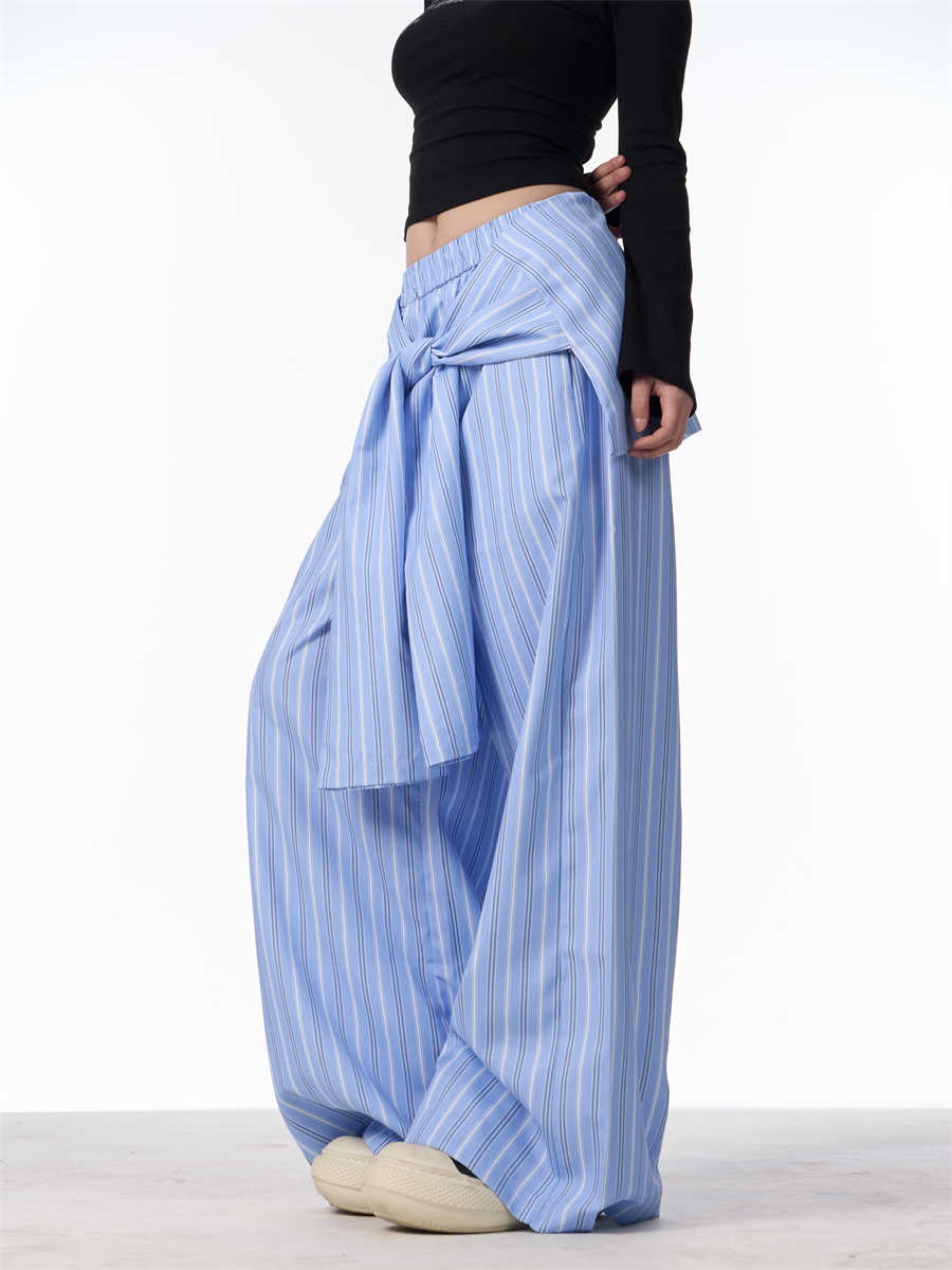Retro Contrast Color Striped Wide-leg Pants Female Loose Casual Trousers
