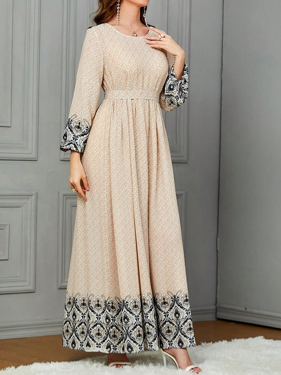 Ethnic-style Printed Wrap Dress Featuring A Cinched Waist Belt And A Flared, Long Skirt