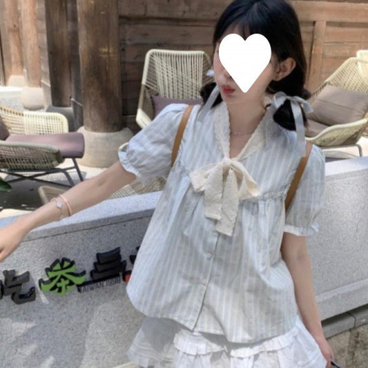 Bow Chic Lace Puff Sleeve Striped Shirt
