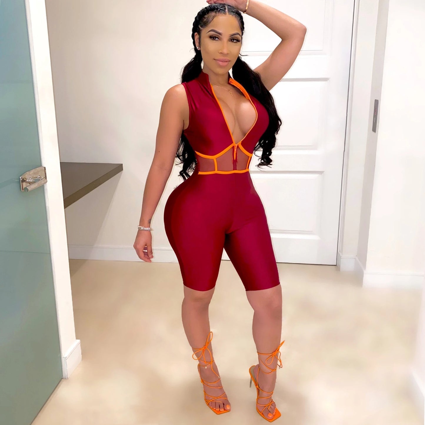 Women's Webbing Solid Lajin Sleeveless Jumpsuit