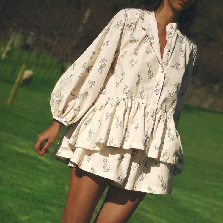 Small High-neck Ruffled Puff Top And Printed Shorts Set