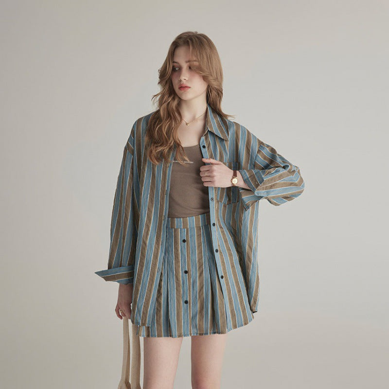 Summer High-grade Sun-proof Set Women's Loose Design Light Striped Shirt Top Temperament Waist-controlled Short Skirt