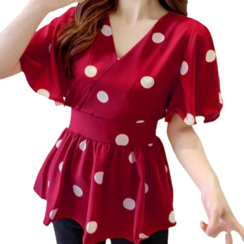 Women's Casual Polka Dot Graceful Collar Lace-up Waist Trimming Shirt