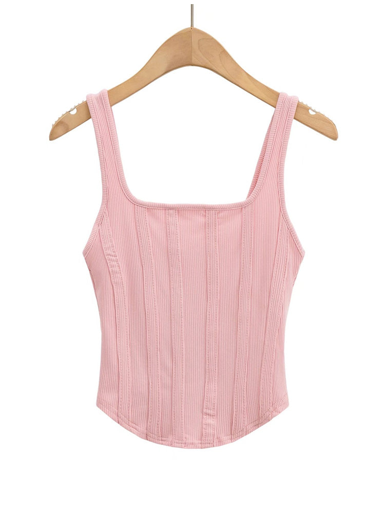 Slim Fit Striped Square Neck Solid Color Sleeveless Tank Top