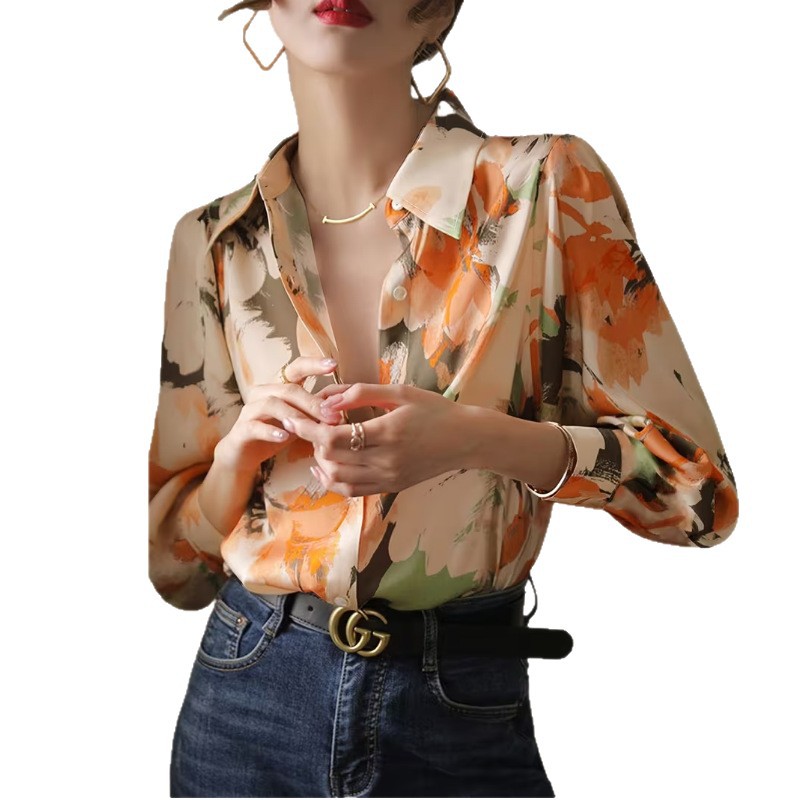 Simulated Silk Loose-Fit Oil Painting Print Summer Long-Sleeve Shirt