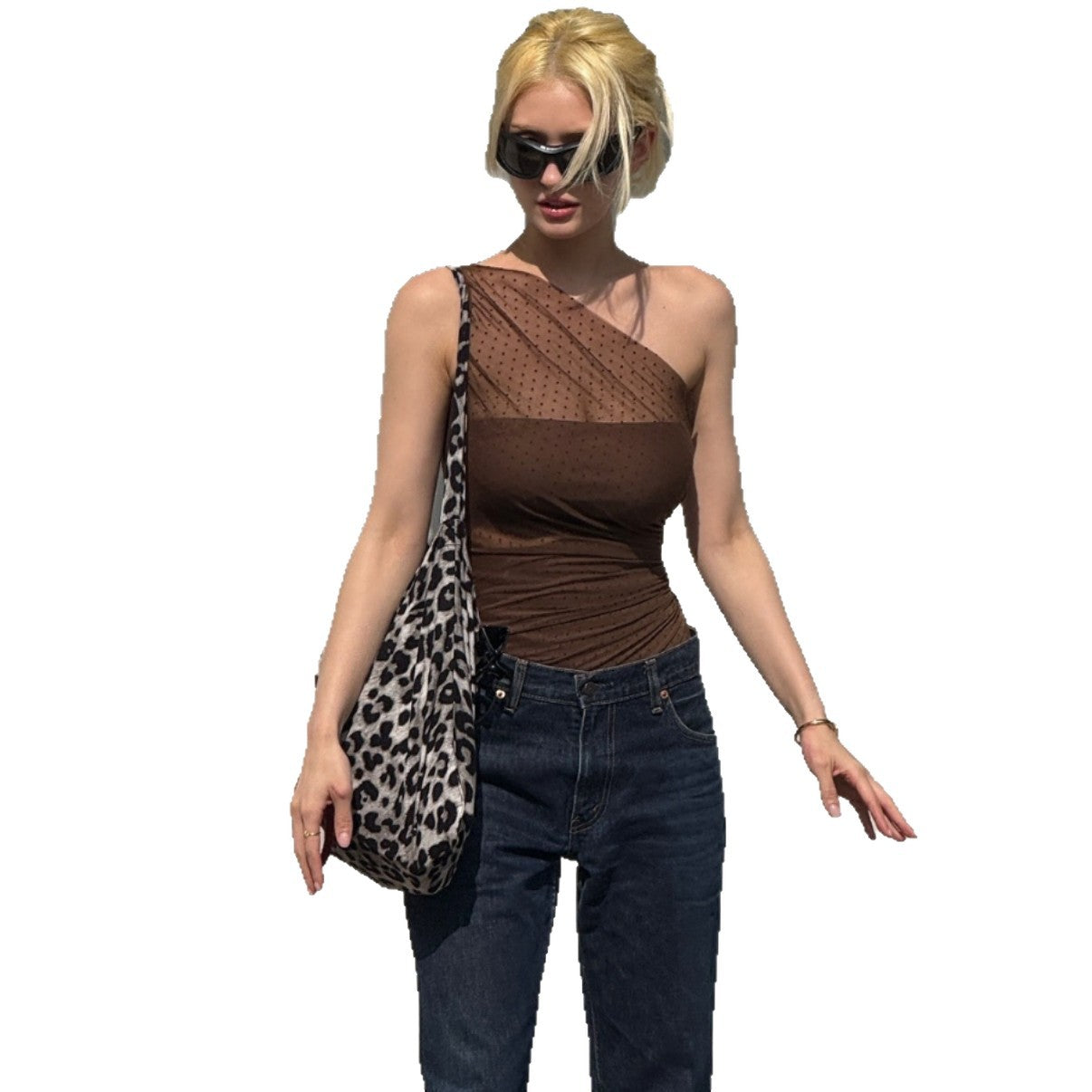Dame T-shirt med asymmetrisk skulder, plisseret mesh og halterneck