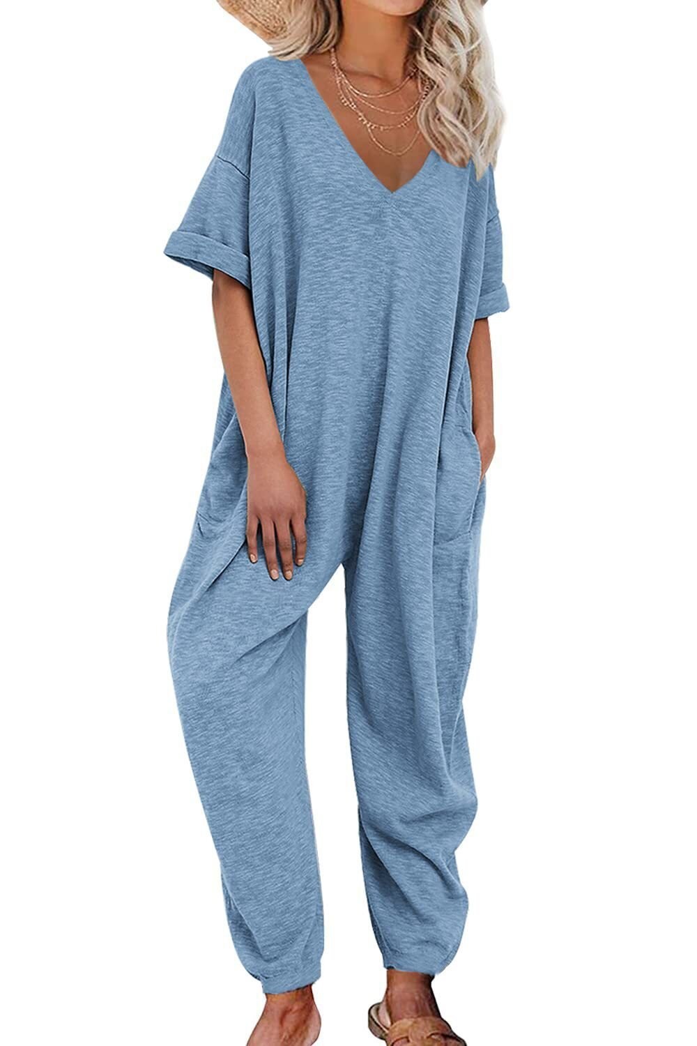 Solid Color V-neck Jumpsuit Half Sleeve Ankle-tied Loose
