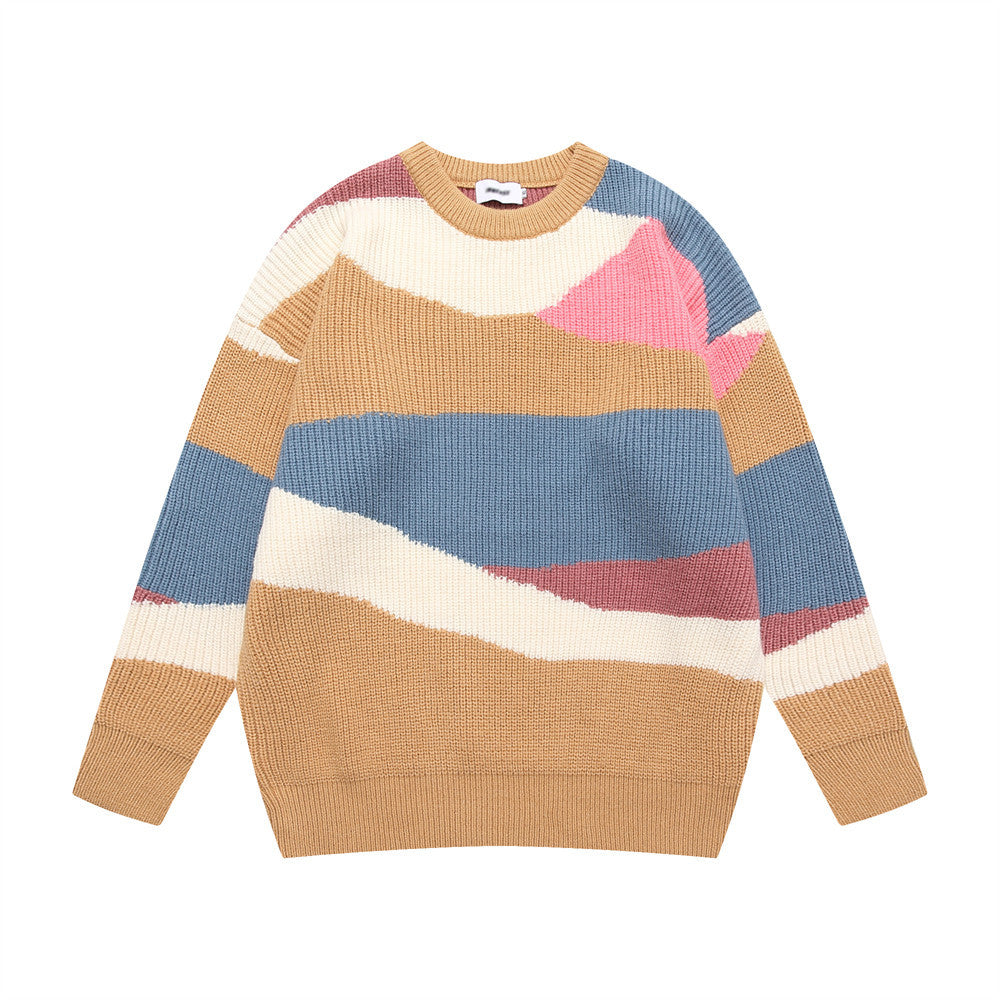 Strikket Sweater med Uregelmæssige Farveblokke og Rund Hals