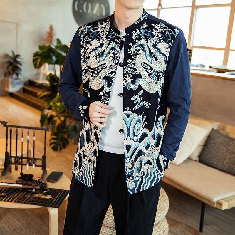 Vintage button print men's long sleeve shirt