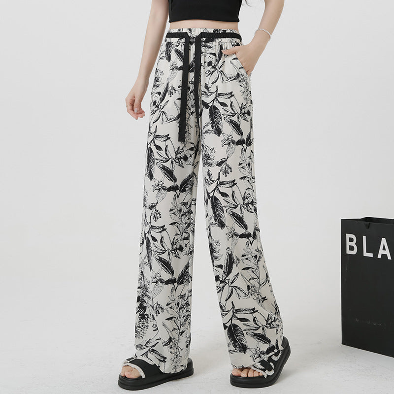 Summer Ink Ice Silk Narrow Version Floral Print Casual Jumpsuit Thin
