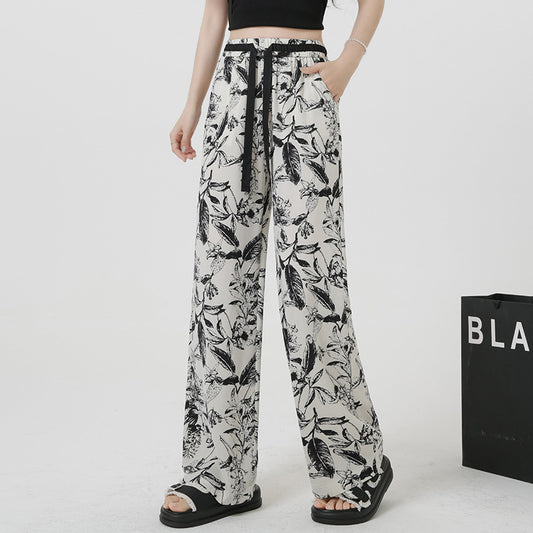 Summer Ink Ice Silk Narrow Version Floral Print Casual Jumpsuit Thin
