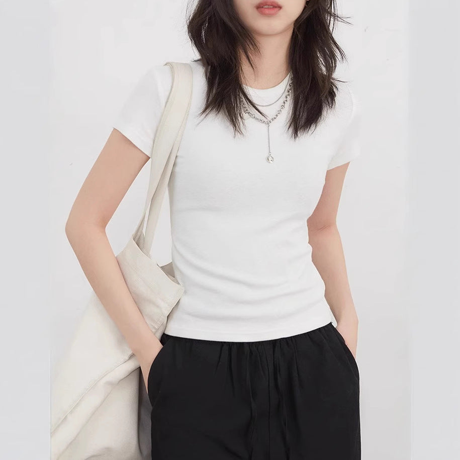 Women's Shoulder Round Neck Short Sleeve Inner Bottoming Top