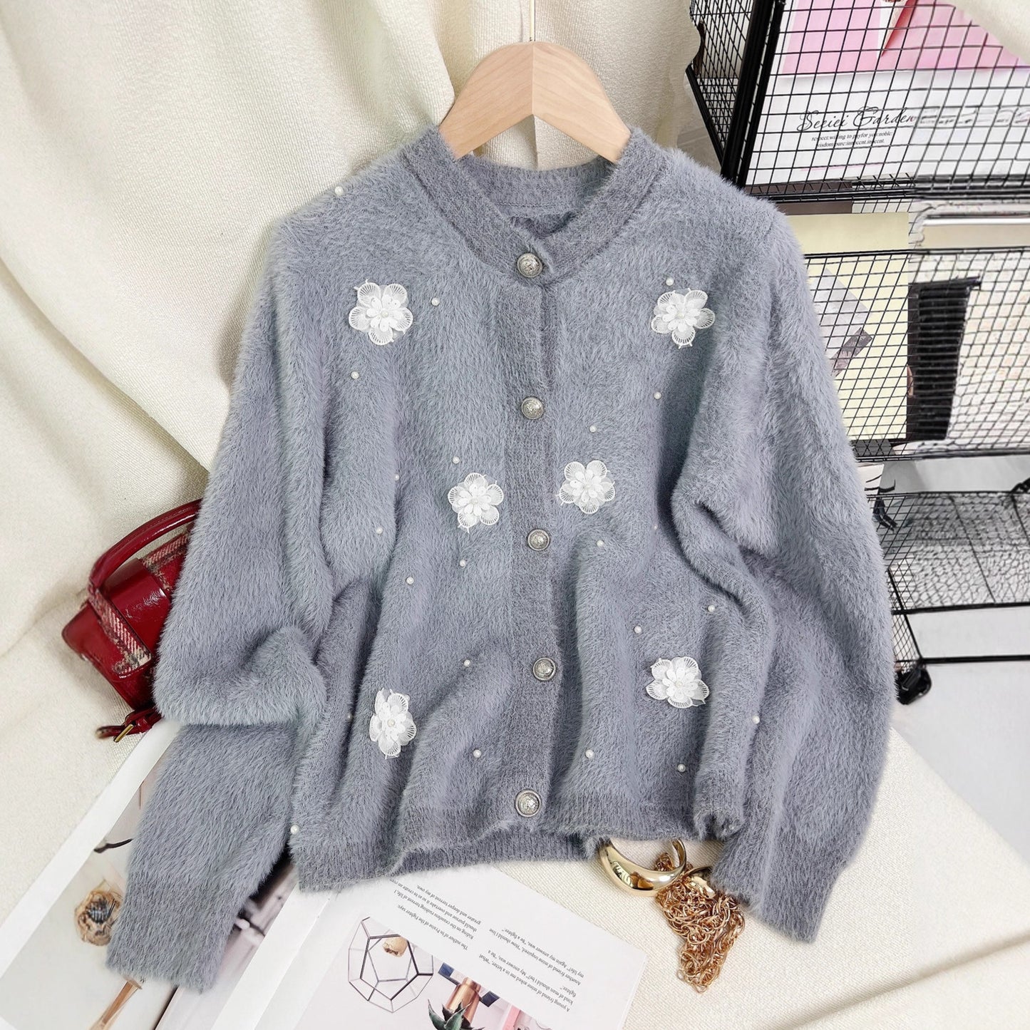 Women's Patchwork Floral Knit Cardigan Round Neck Warm Sweater
