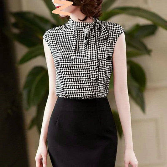 Summer New Ribbon Houndstooth Chiffon Shirt For Women