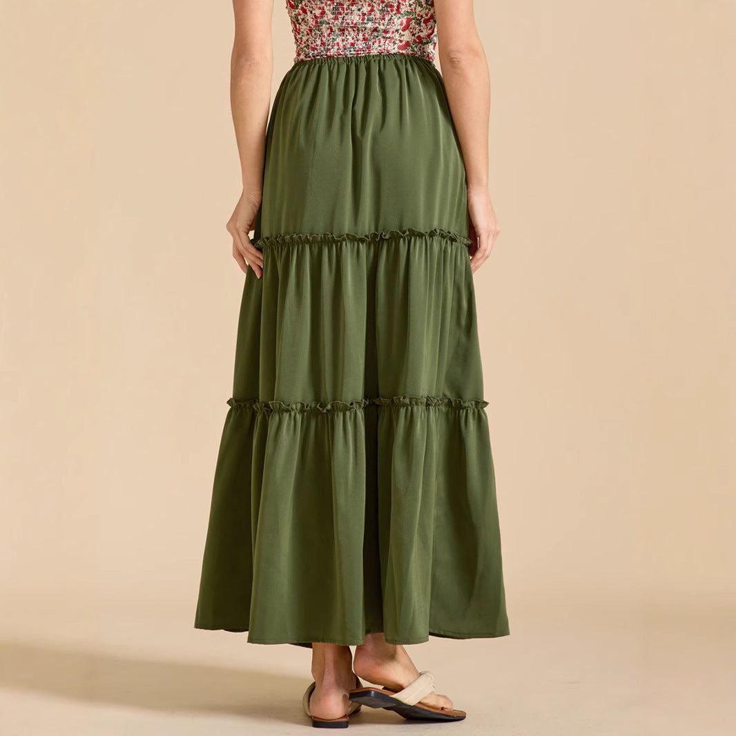Womens High-waisted Elastic-waist Long Skirt With Pockets
