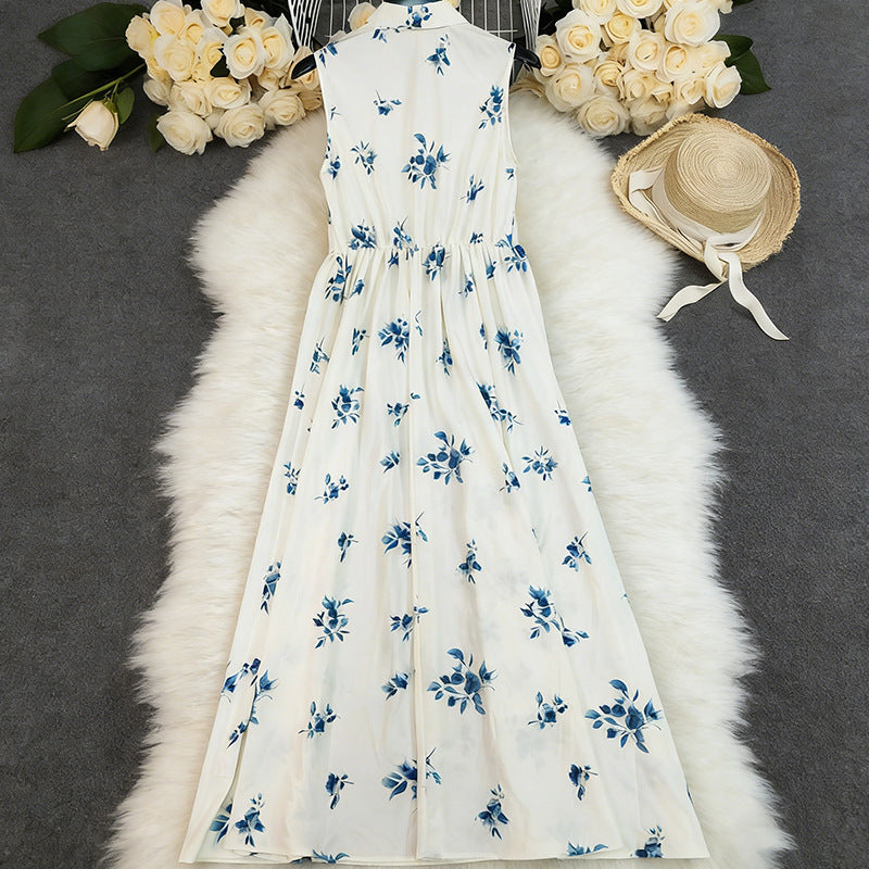 Printed Sleeveless V-Neck Defined-Waist Casual Dress