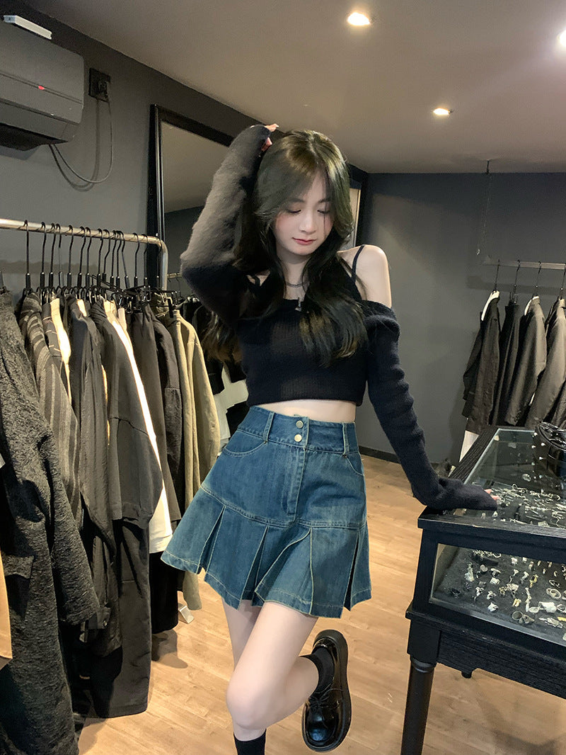 Denim Skirt Pear-shaped High Waist Slimming Sense Of Design Pleated A- Line Sheath Little Short Dress