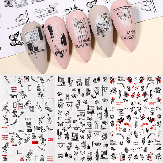 Nail Sticker New Alphanumeric All Black And White Butterfly