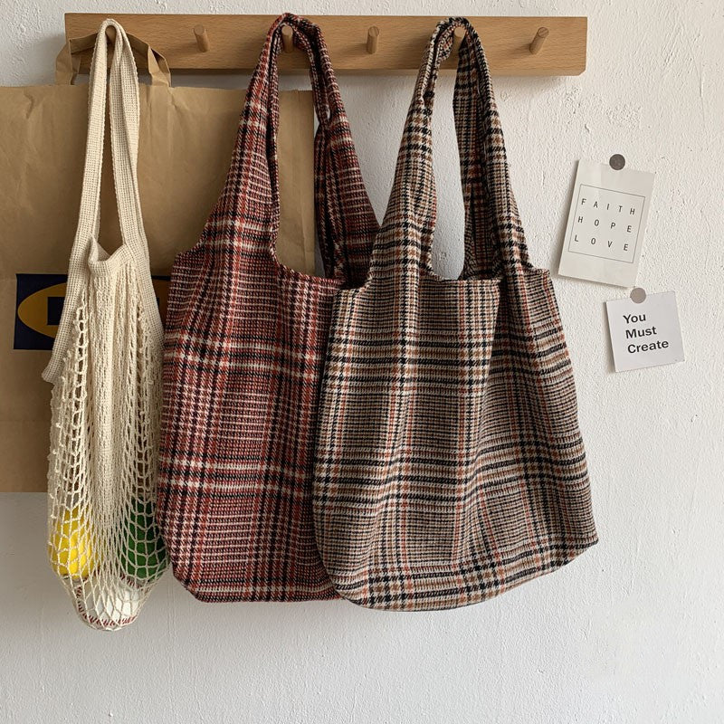 Woolen Plaid Tote Bag Class School Large Capacity Shoulder