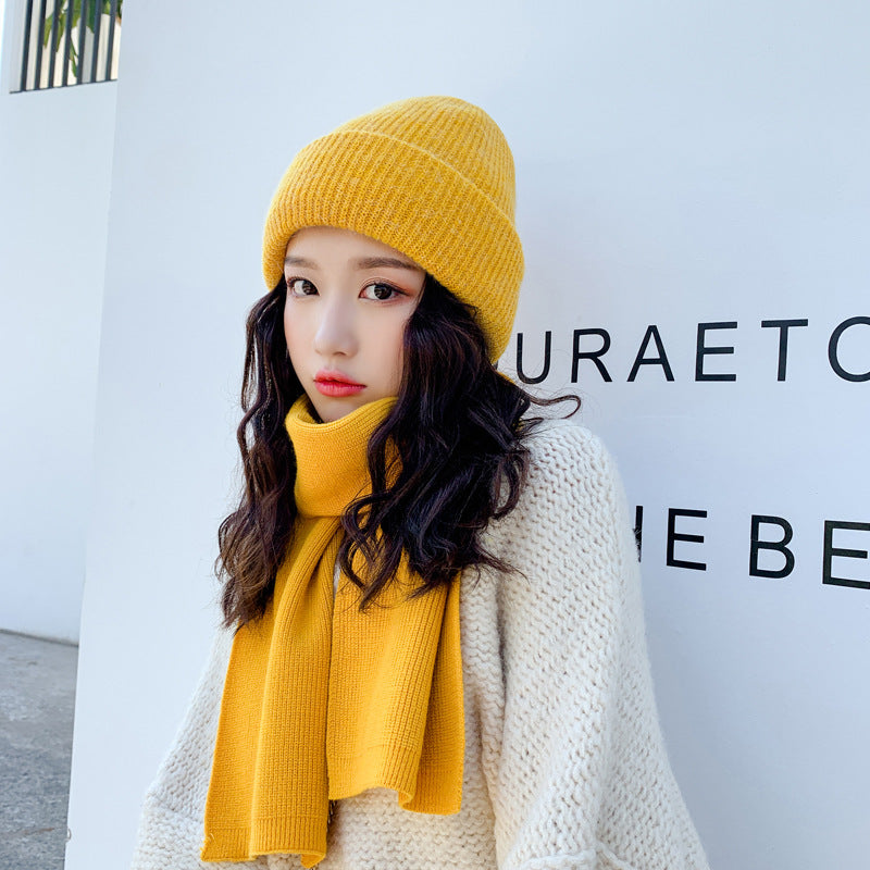 Rabbit fur thick warm woolen hat and scarf set