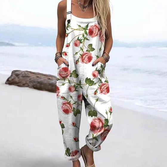 Floral 3D Digital Printing Casual Strap Sleeveless Jumpsuit