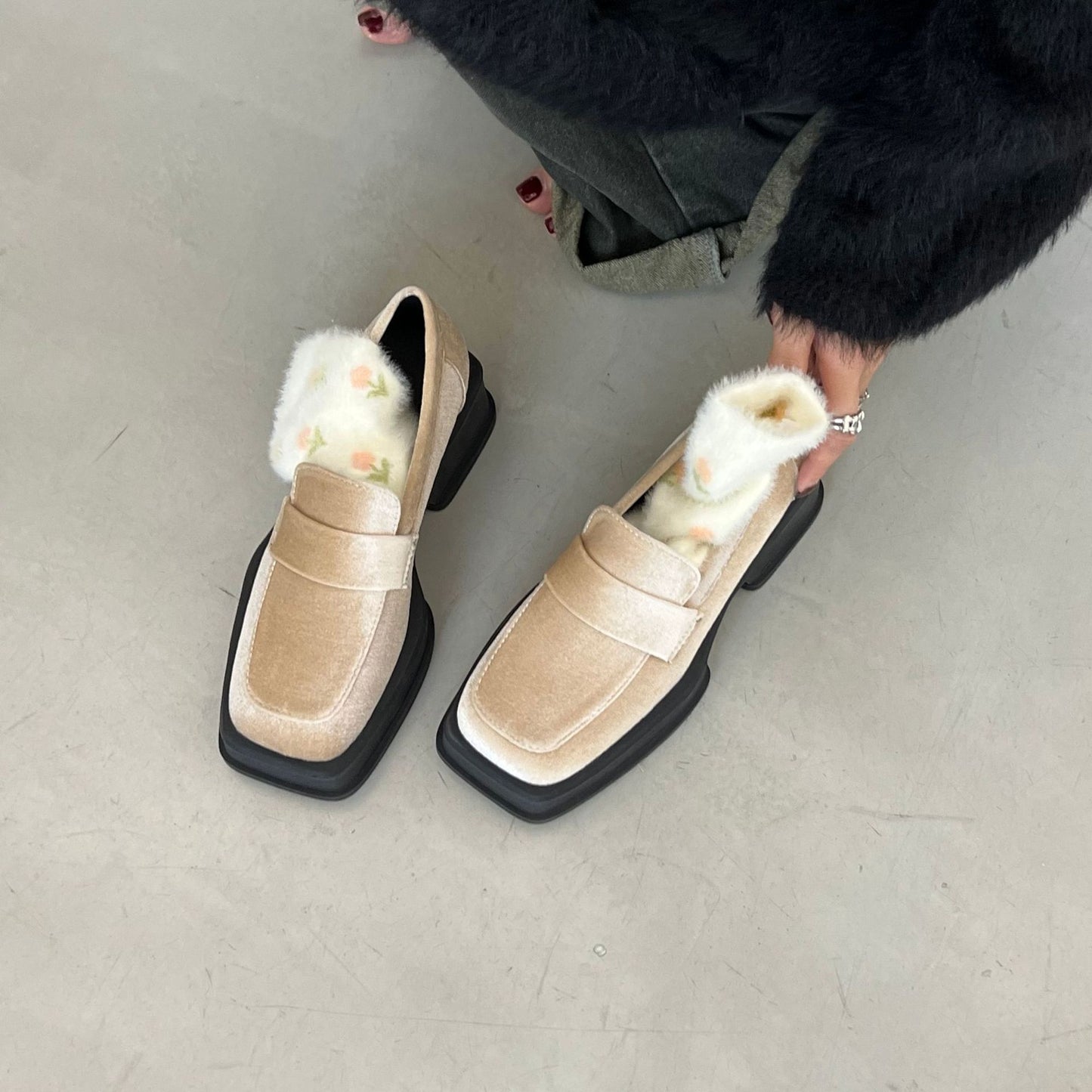 British Style Vintage Guld Fløjl Chunky Hæl Plateau Loafers til Kvinder