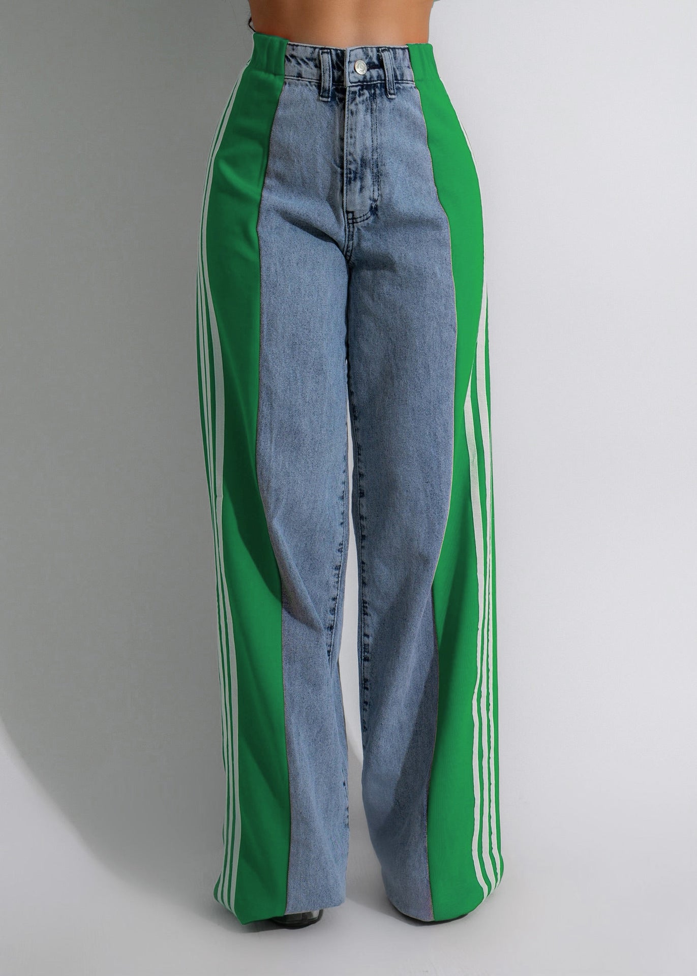 Summer Fashion Stitching Three Striped Wide Leg Denim Trousers For Women