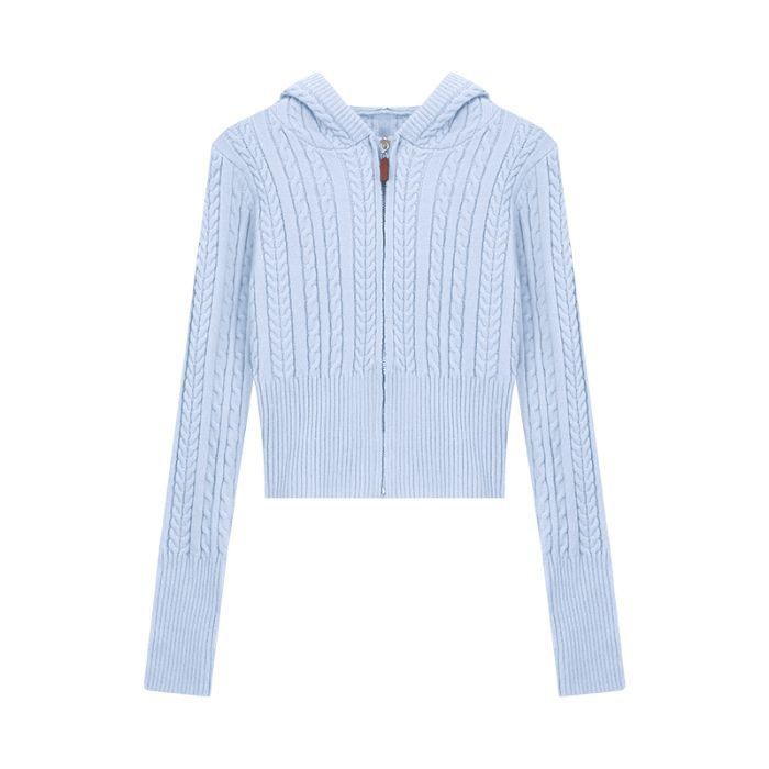 Soft Textured Knitted Hoodie With A Lazy Korean-style Zip-up Design