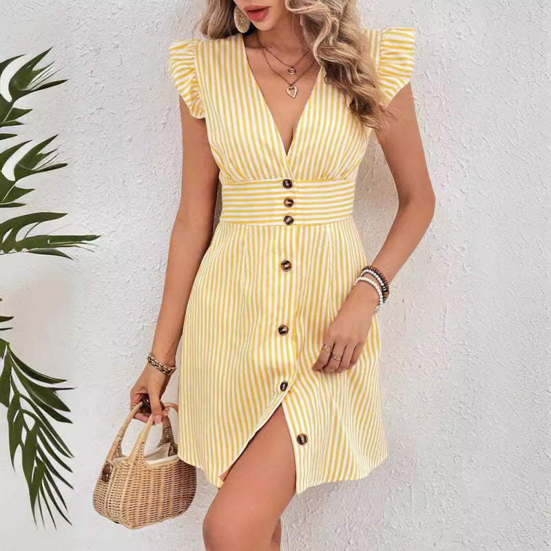 Women's Elegant Striped V-Neck Dress With Puff Sleeves