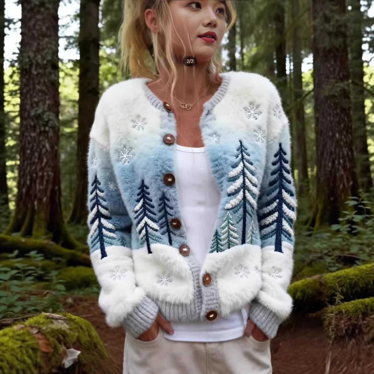 Knitted Cardigan Sweater Coat In A Snowman Style Short Length Single Breasted With A Crew Neck