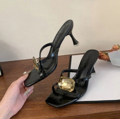 Summer New Korean Style Stiletto Heel Slides For Women, Rhinestone Open Toe High Heel Mules, Dressy Sandals For Ladies