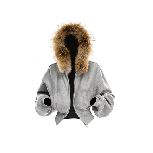 Kort grå lynlås hættetrøje slim fit tyk sweaterjakke