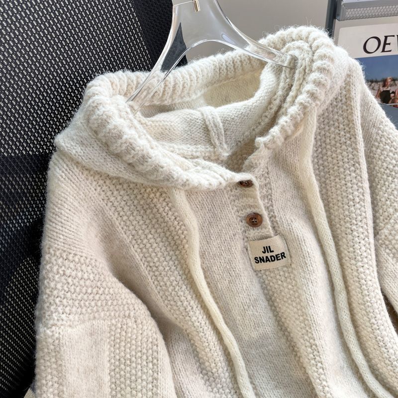 Hooded Soft Glutinous Thick Drawstring Knitted Sweater Top