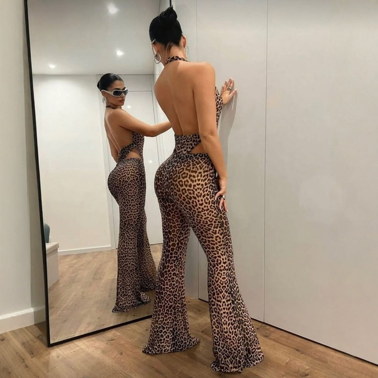 INS Leopardprint Kropsnær Sexet Rygløs Halterneck Dybt-V Top Med Flared Jumpsuit Bukser
