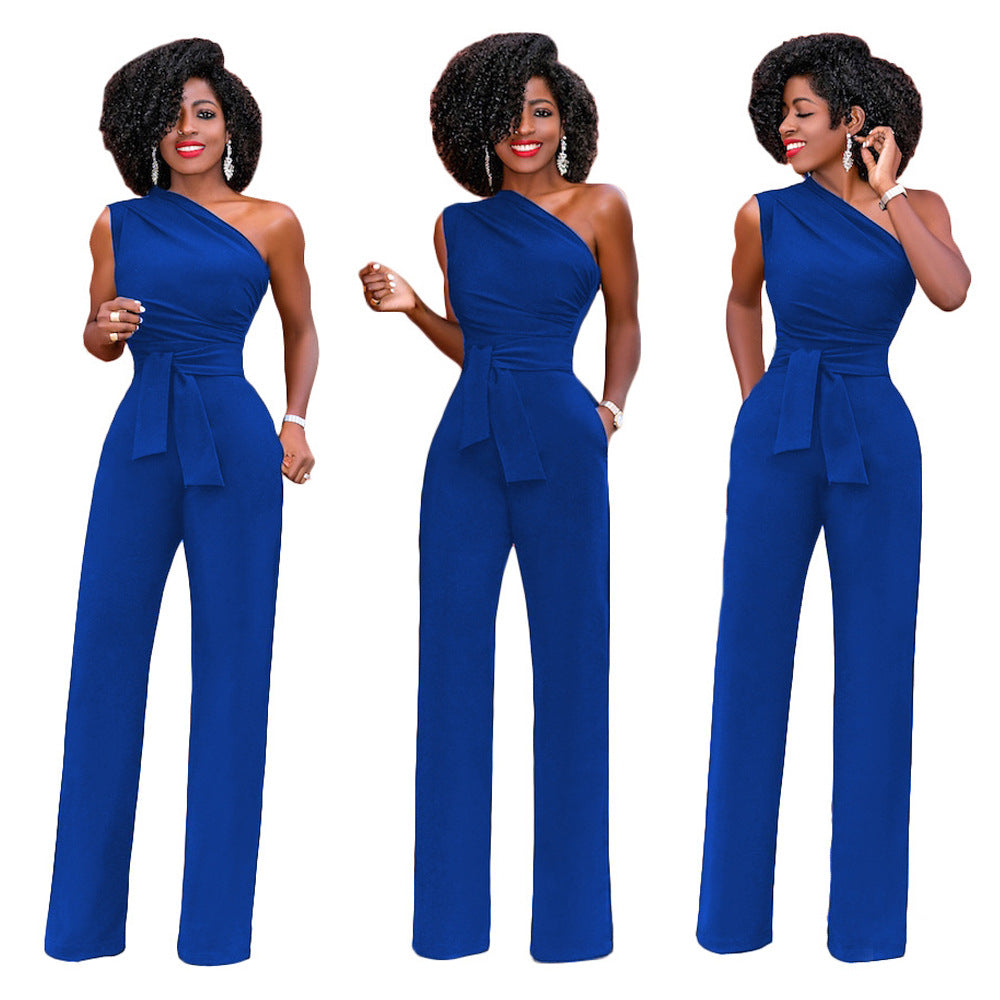 Solid-color Slanted-collar Buttoned Jumpsuit With Wide Legs