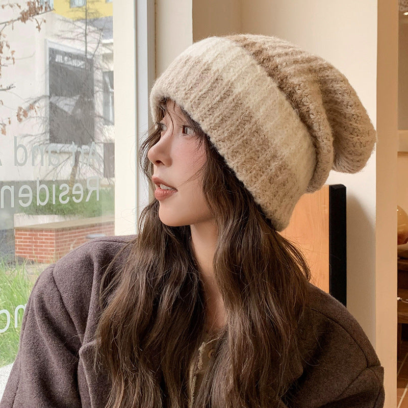 Large Head Circumference Knitted Wool  Colorblock Fashion