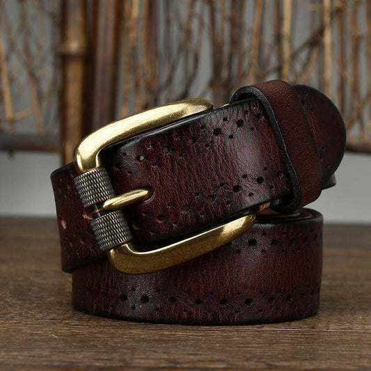 Handmade Retro Chino-style Belt With A Top-layer Cowhide Hollowed-out Design And A Casual Zinc-alloy Buckle For Denim