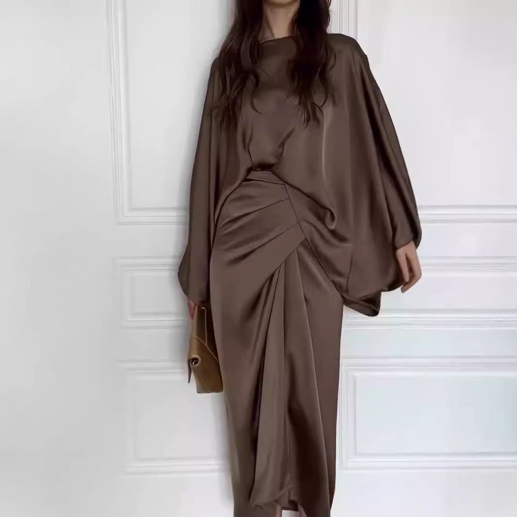 Batwing Sleeve Belt Waist Slimming Solid Color Dress
