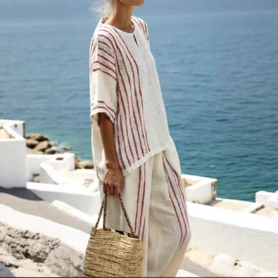 Round Neck Striped Short Sleeve Cotton And Linen Top Casual Pants Women's 2-piece Set