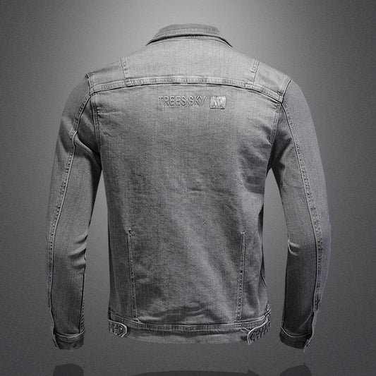Personlig Røggrå Høj Elastisk Denimjakke Til Mænd