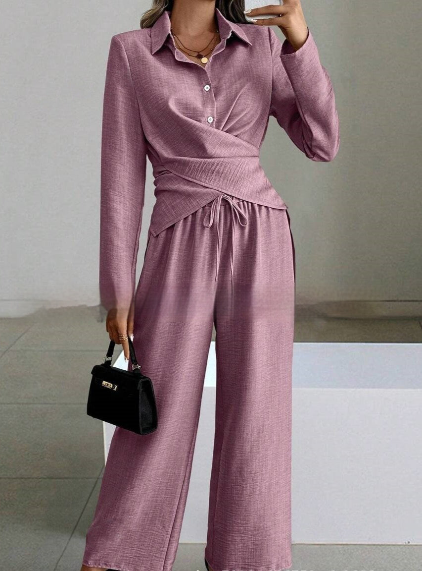 Women's Elegant Shirt Top And Wide-Leg Pants Two-Piece Set