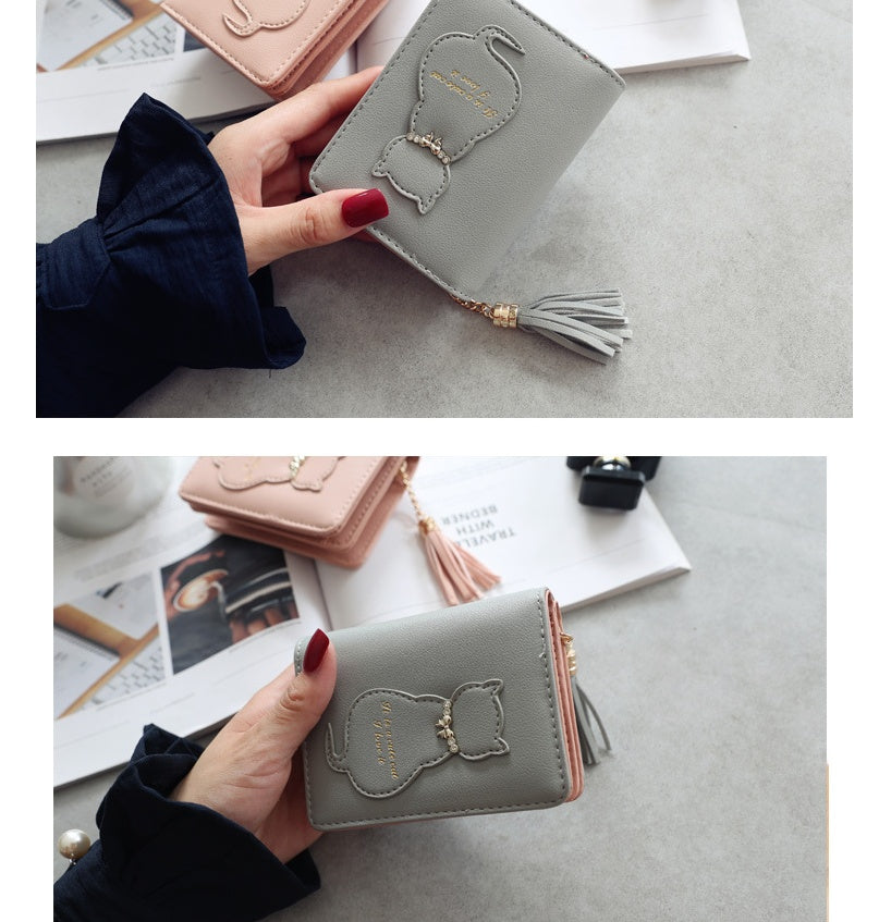 Women's cat decoration tassel short paragraph vertical section two fold small wallet New buckle can be loaded with change wallet