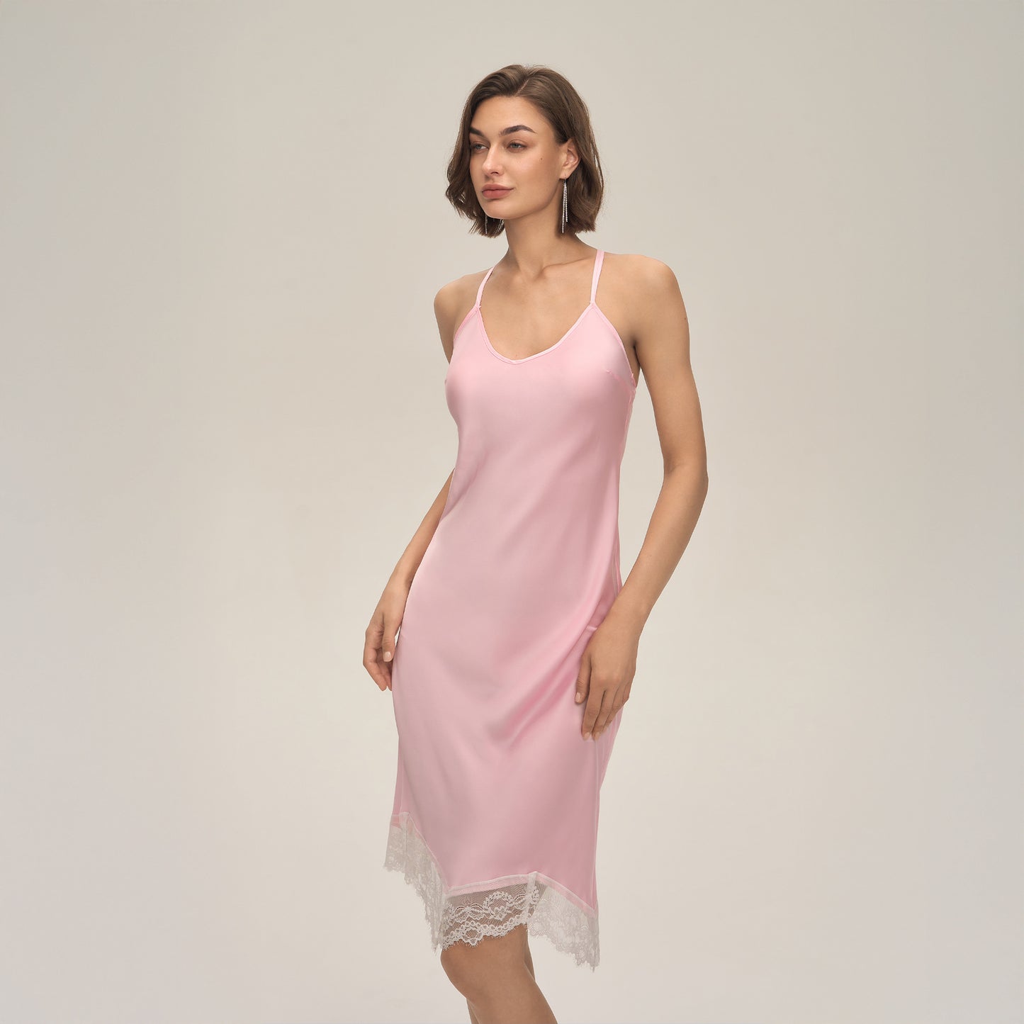 Solid-color Satin Patchwork Lace Backless Camisole Pajamas