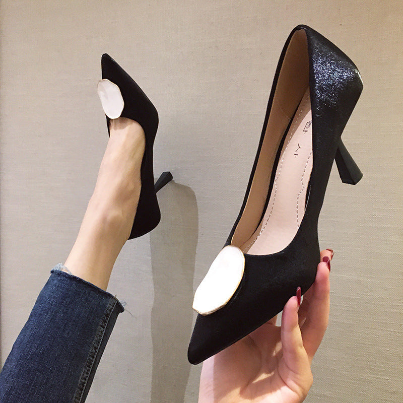 All-match Mid-heel Pointed Shallow Mouth Silk Women's Shoes