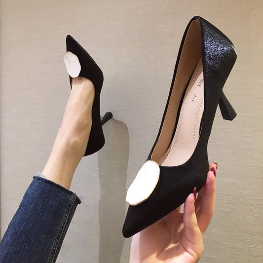 All-match Mid-heel Pointed Shallow Mouth Silk Women's Shoes