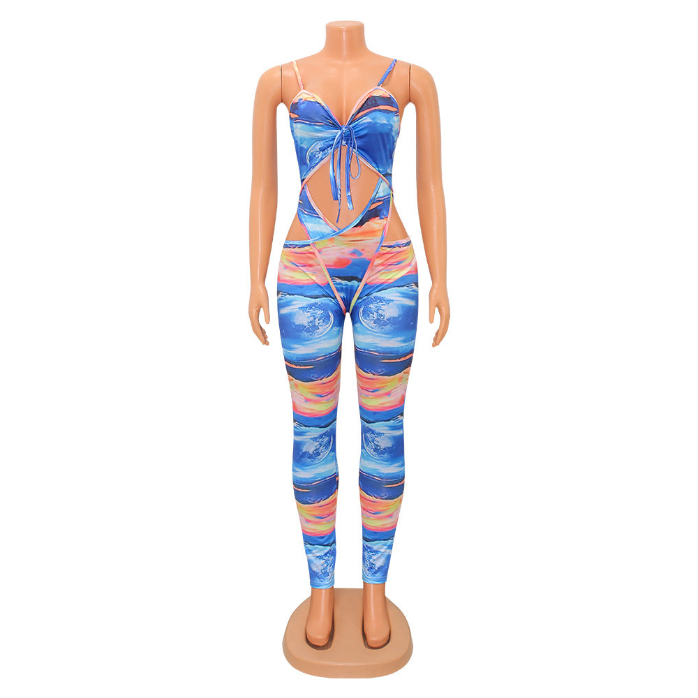 Milk Silk Printed Hollow-out Jumpsuit