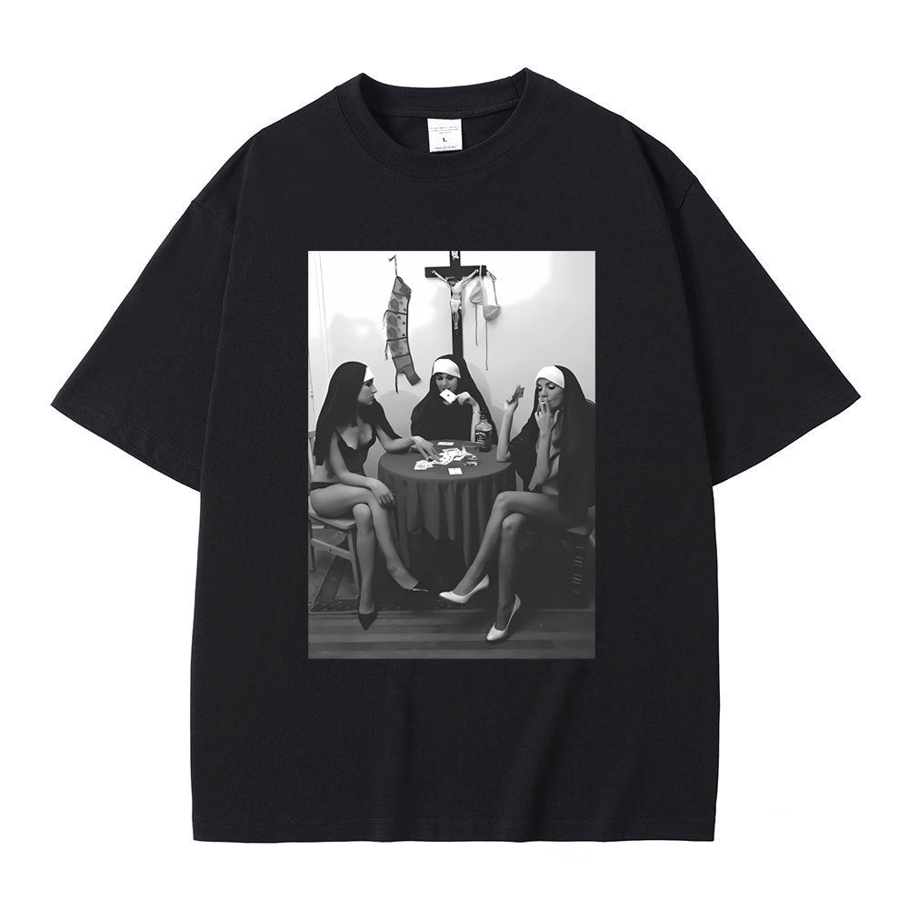 Nuns Naked Playing Card Smoking Drinking Funny Meme T-Shirt