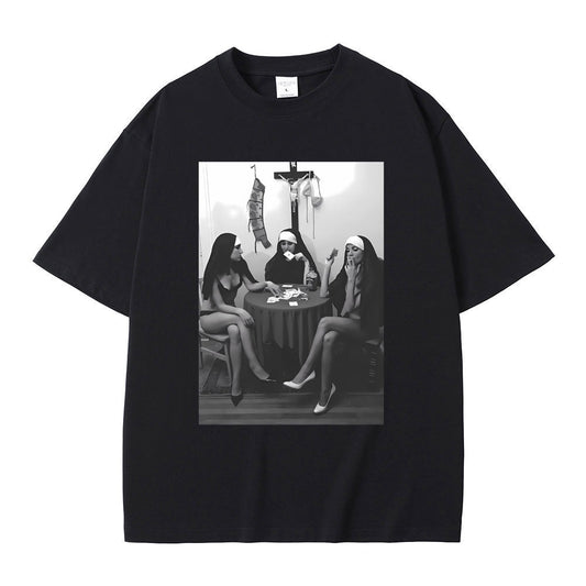 Nuns Naked Playing Card Smoking Drinking Funny Meme T-Shirt