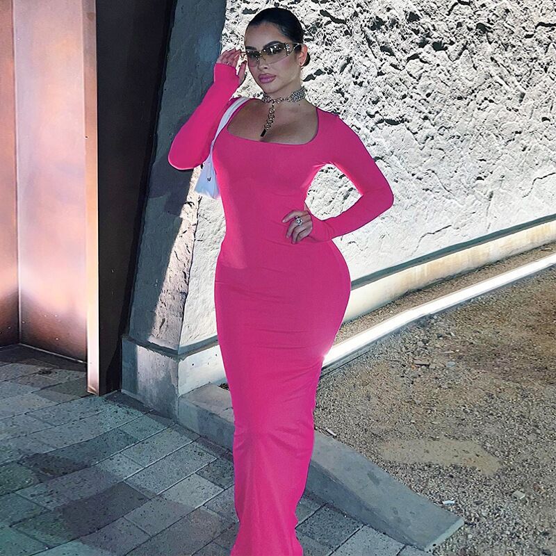 Womens U-Neck Bodycon Long-Sleeve Dress